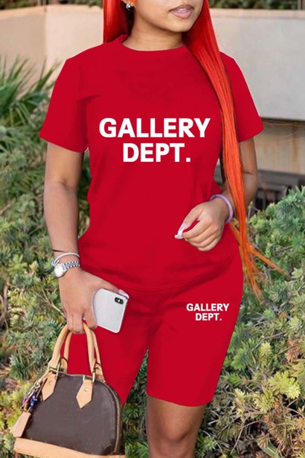 Red Casual Letter Print Basic O Neck Short Sleeve Two Pieces