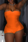 Red Sexy Solid Patchwork Halter Skinny Rompers