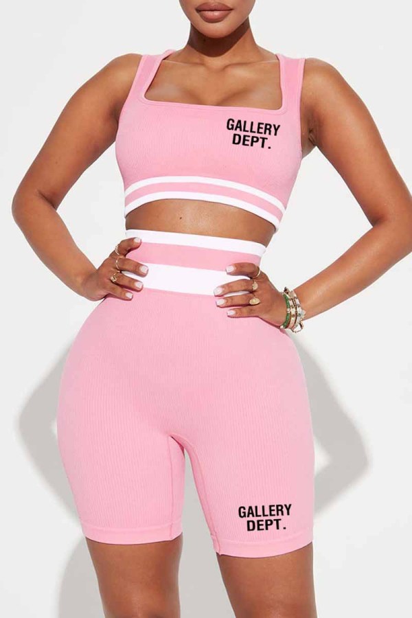 Pink Street Print Letter Square Collar Sleeveless Two Pieces
