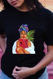 Black Casual Print Basic O Neck T-Shirts