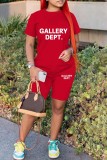 Red Casual Letter Print Basic O Neck Short Sleeve Two Pieces