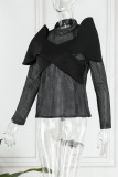 Black Street Solid Patchwork O Neck Tops