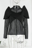 Black Street Solid Patchwork O Neck Tops
