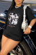 Black Street Party Print Patchwork Letter O Neck  T-Shirts