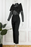 Black Street Solid Patchwork See-through O Neck Long Sleeve Two Pieces