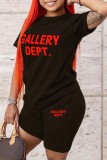 Red Casual Letter Print Basic O Neck Short Sleeve Two Pieces