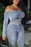 Blue Casual Print Backless Off the Shoulder Long Sleeve Two Pieces