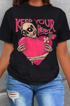 Black Street Print Skull O Neck T-Shirts