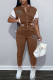 Brown Casual Solid Embroidered Patchwork Cardigan Collar Short Sleeve Two Pieces