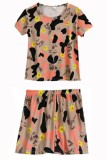 Orange Casual Print Basic O Neck Short Sleeve Two Pieces