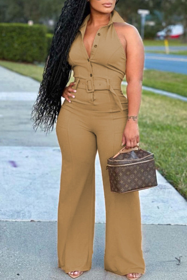 Khaki Elegant Solid Patchwork Buckle With Belt Turndown Collar Straight Jumpsuits