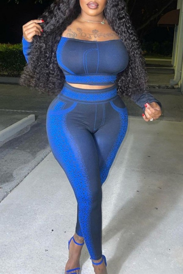Blue Casual Print Backless Off the Shoulder Long Sleeve Two Pieces