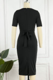 Brick Red Casual Elegant Solid Patchwork O Neck One Step Skirt Dresses