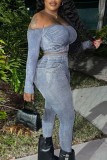 Blue Casual Print Backless Off the Shoulder Long Sleeve Two Pieces