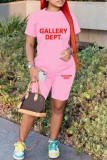 Red Casual Letter Print Basic O Neck Short Sleeve Two Pieces