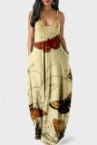 Light Apricot Sexy Casual Butterfly Print Backless Spaghetti Strap Long Dress Dresses