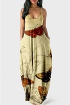 Apricot Sexy Casual Butterfly Print Backless Spaghetti Strap Long Dress Dresses