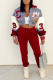 Burgundy Casual Street Print Patchwork Buckle Hooded Collar Long Sleeve Two Pieces