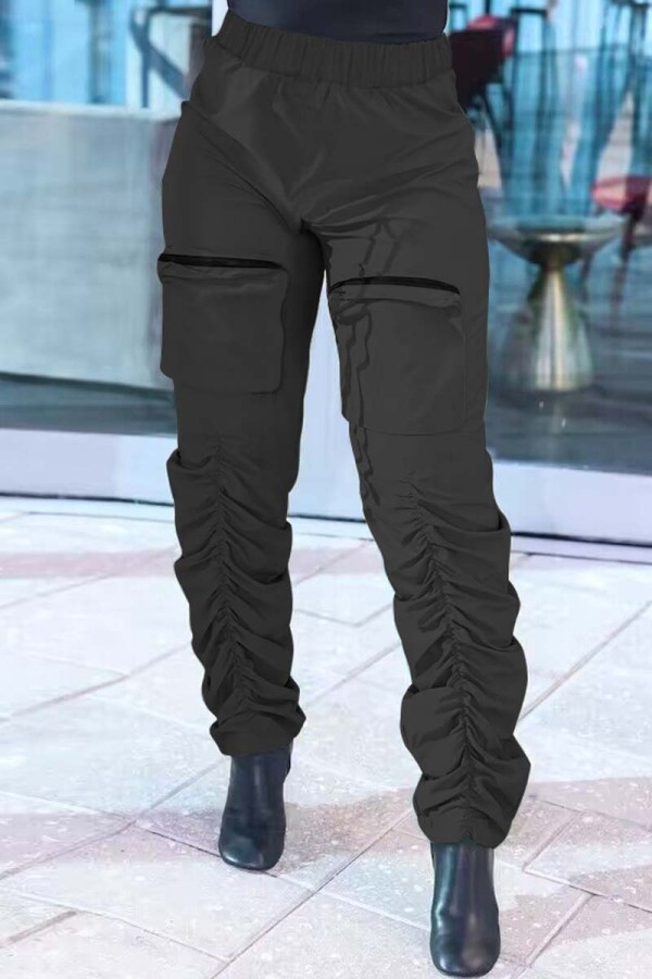 Black Casual Solid Patchwork Fold Regular High Waist Conventional Solid Color Trousers