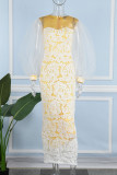 Yellow Elegant Solid Patchwork O Neck Evening Dress Dresses