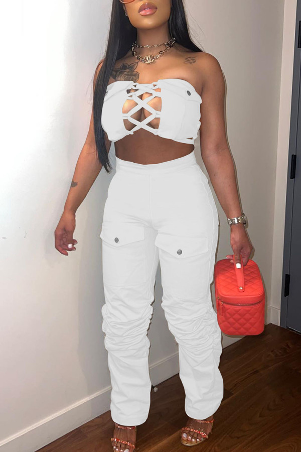 White Sexy Solid Hollowed Out Patchwork Pocket Strapless Sleeveless Two Pieces