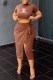 Brown Elegant Print Slit Letter Off the Shoulder Short Sleeve Two Pieces