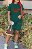 Red Casual Letter Print Basic O Neck Short Sleeve Two Pieces