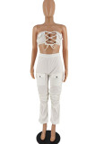 White Sexy Solid Hollowed Out Patchwork Pocket Strapless Sleeveless Two Pieces