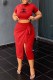 Red Elegant Print Slit Letter Off the Shoulder Short Sleeve Two Pieces