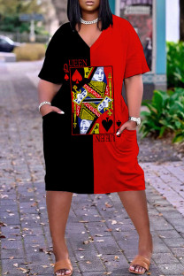 Black Red Casual Street Print Patchwork V Neck Straight Dresses