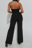 Red Elegant Solid Patchwork Buckle With Belt Turndown Collar Straight Jumpsuits