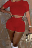 Red Sexy Solid Patchwork Asymmetrical O Neck Short Sleeve Two Pieces