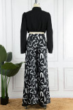 White Casual Print Patchwork Turndown Collar Long Sleeve Two Pieces