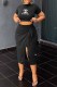 Black Elegant Print Slit Letter Off the Shoulder Short Sleeve Two Pieces