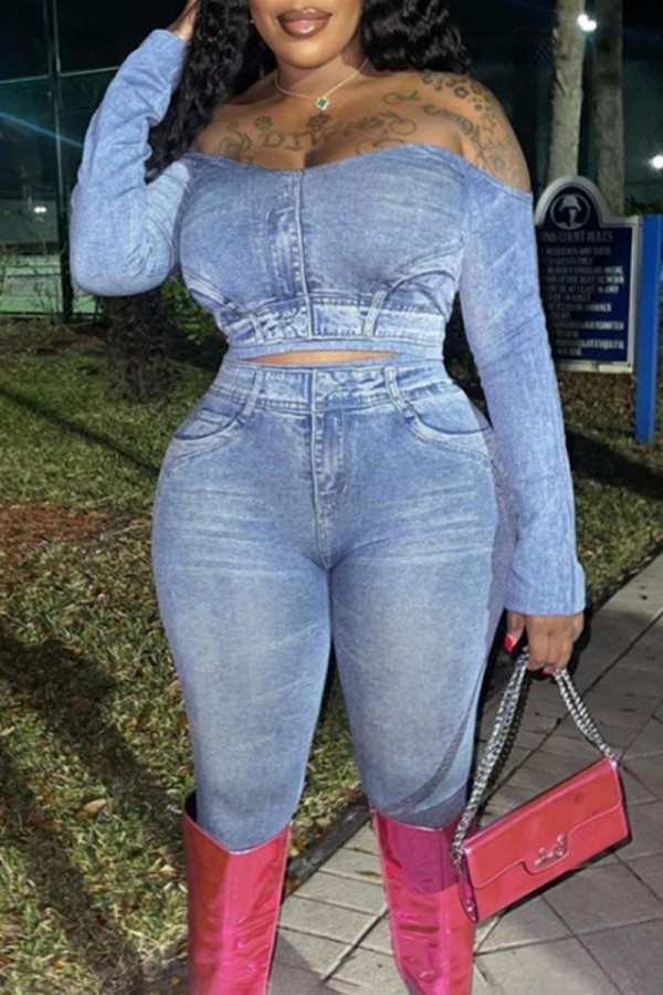 The cowboy blue Casual Print Backless Off the Shoulder Long Sleeve Two Pieces