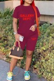 Red Casual Letter Print Basic O Neck Short Sleeve Two Pieces