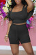 Black Casual Solid Patchwork U Neck Short Sleeve Two Pieces