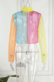 Colour Casual Solid Patchwork Buckle See-through Turndown Collar Tops