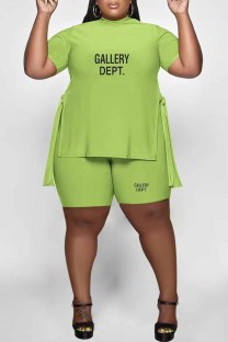Green Casual Print Letter O Neck Plus Size Two Pieces