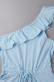 Light Blue Sexy Solid Patchwork Backless Oblique Collar Regular Romper