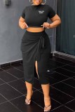 Red Street Print Slit Letter O Neck Short Sleeve Two Pieces