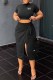 Black Street Print Slit Letter O Neck Short Sleeve Two Pieces