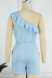 Light Blue Sexy Solid Patchwork Backless Oblique Collar Regular Romper