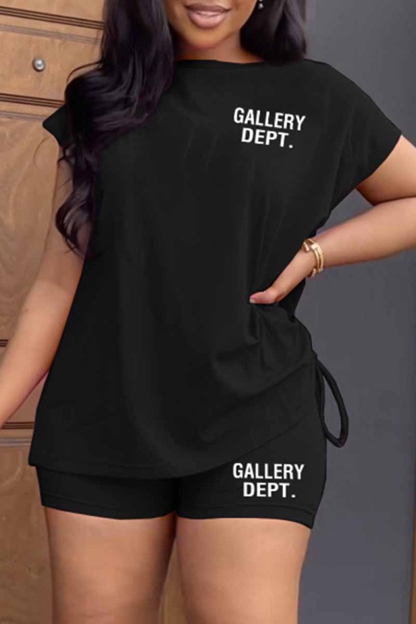 Black Street Print Letter O Neck Short Sleeve Two Pieces