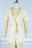 Pink Sexy Casual Solid Bandage V Neck Short Sleeve Two Pieces