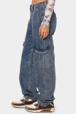 Deep Blue Casual Street Solid Patchwork Pocket High Waist Denim Jeans