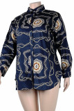Tibetan Blue Casual Print Patchwork Shirt Collar Plus Size Tops