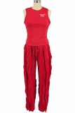 Red Street Print Tassel Letter O Neck Sleeveless Two Pieces