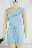 Light Blue Sexy Solid Patchwork Backless Oblique Collar Regular Romper