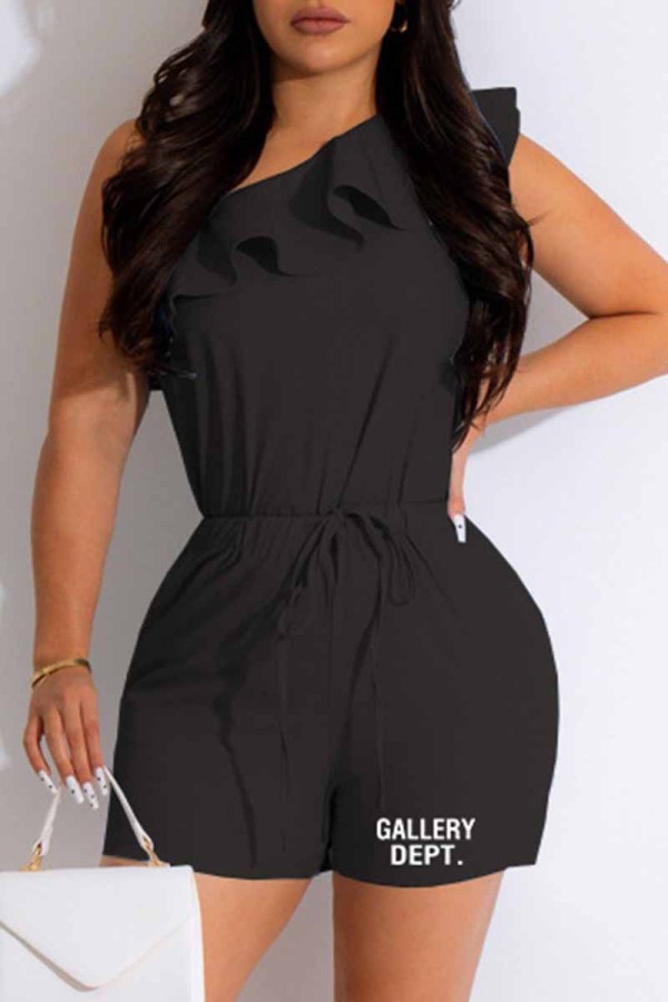 Black Street Print Flounce Letter One Shoulder Sleeveless Two Pieces